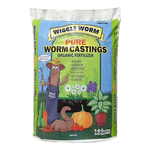 Wiggle Worm 100% Pure Organic Worm Castings Fertilizer, 30-Pounds - Improves Soil Fertility and Aeration for Houseplants, Vegetables, Gardens, and More – OMRI-Listed and Mineral-Dense