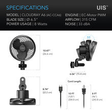 CLOUDRAY A6, GROW TENT CLIP FAN 6” WITH 10 SPEEDS, EC-MOTOR, MANUAL SWIVEL